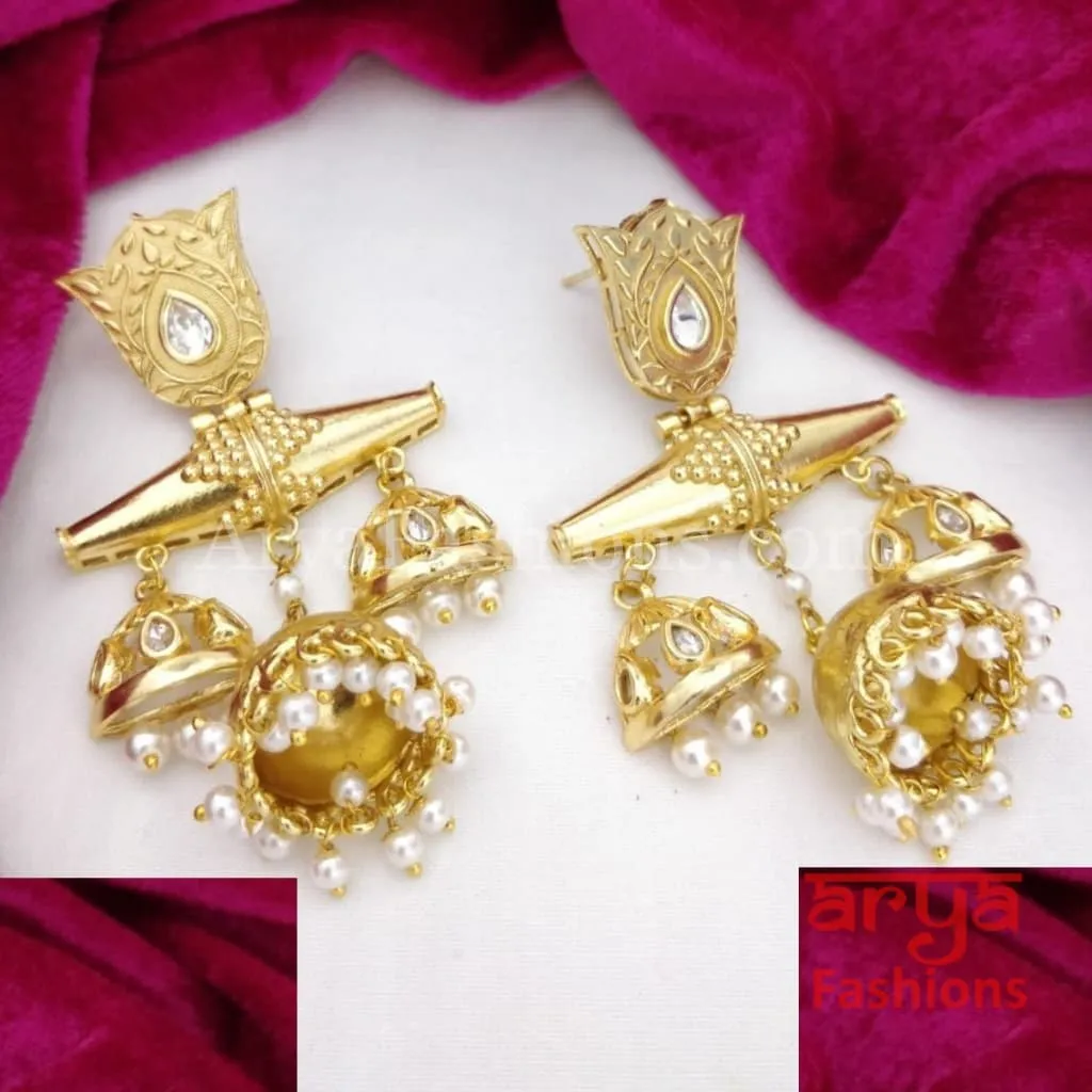 Matte Gold Pearl Jhumka Chandbali/ Golden Indo-Western Ethnic Earrings