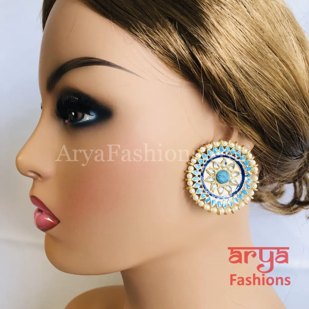 Meenakari Kundan Big Round Stud Earrings