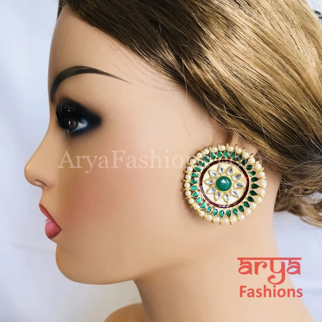 Meenakari Kundan Big Round Stud Earrings