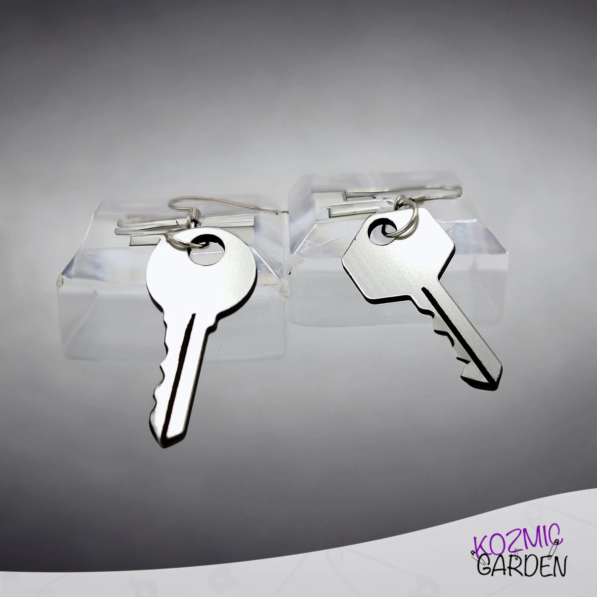 Mismatched Keys Earrings | Fun Silver Acrylic Jewelry with Engraved Details