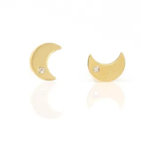 New 18k Yellow Gold Half Moon Stud Earrings with Diamond and Screw-Backs