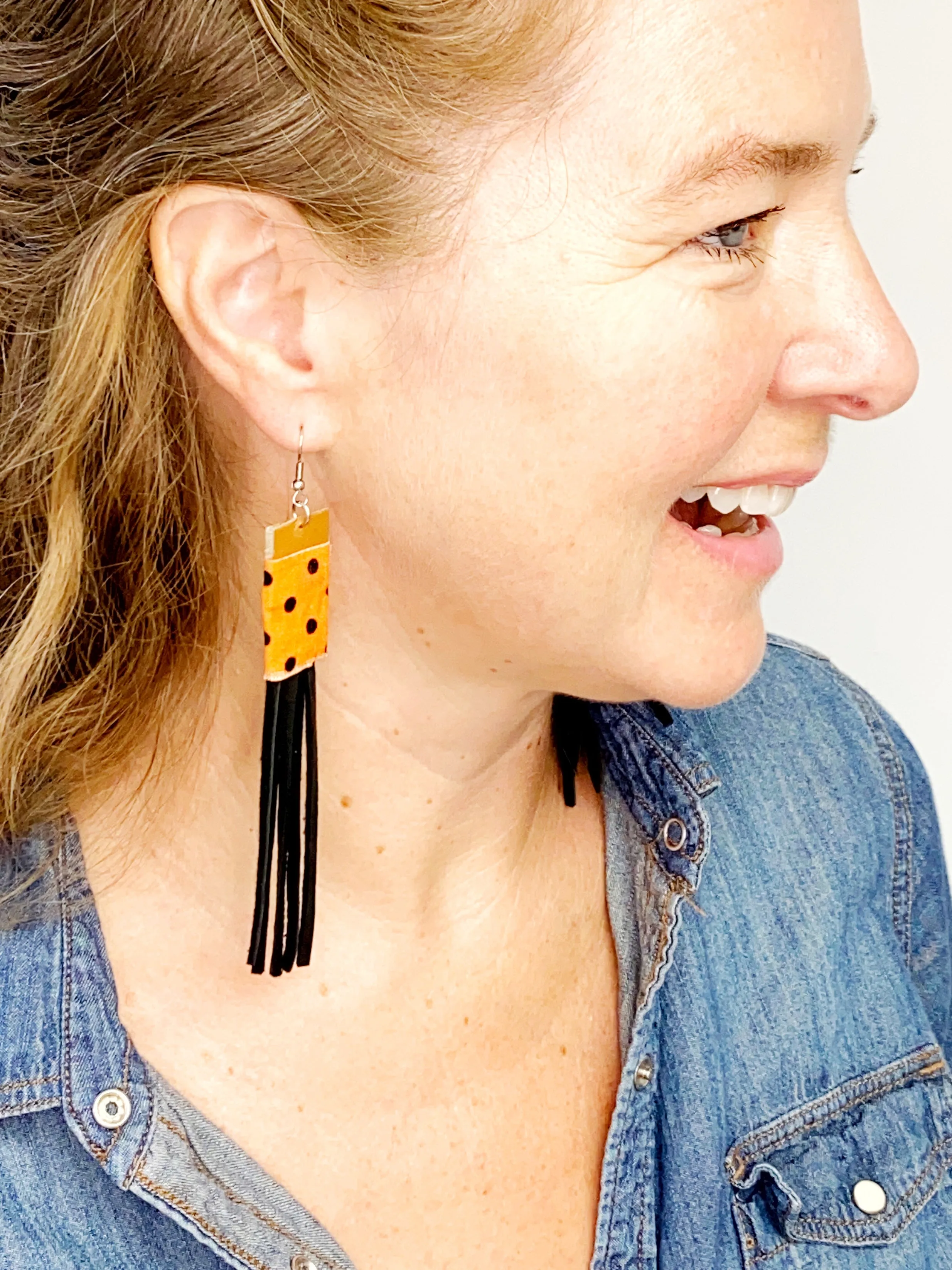 NEW! Black Leather and Upcycled Fabric Handmade Earrings, Burgundy Feather with Leather Fringe