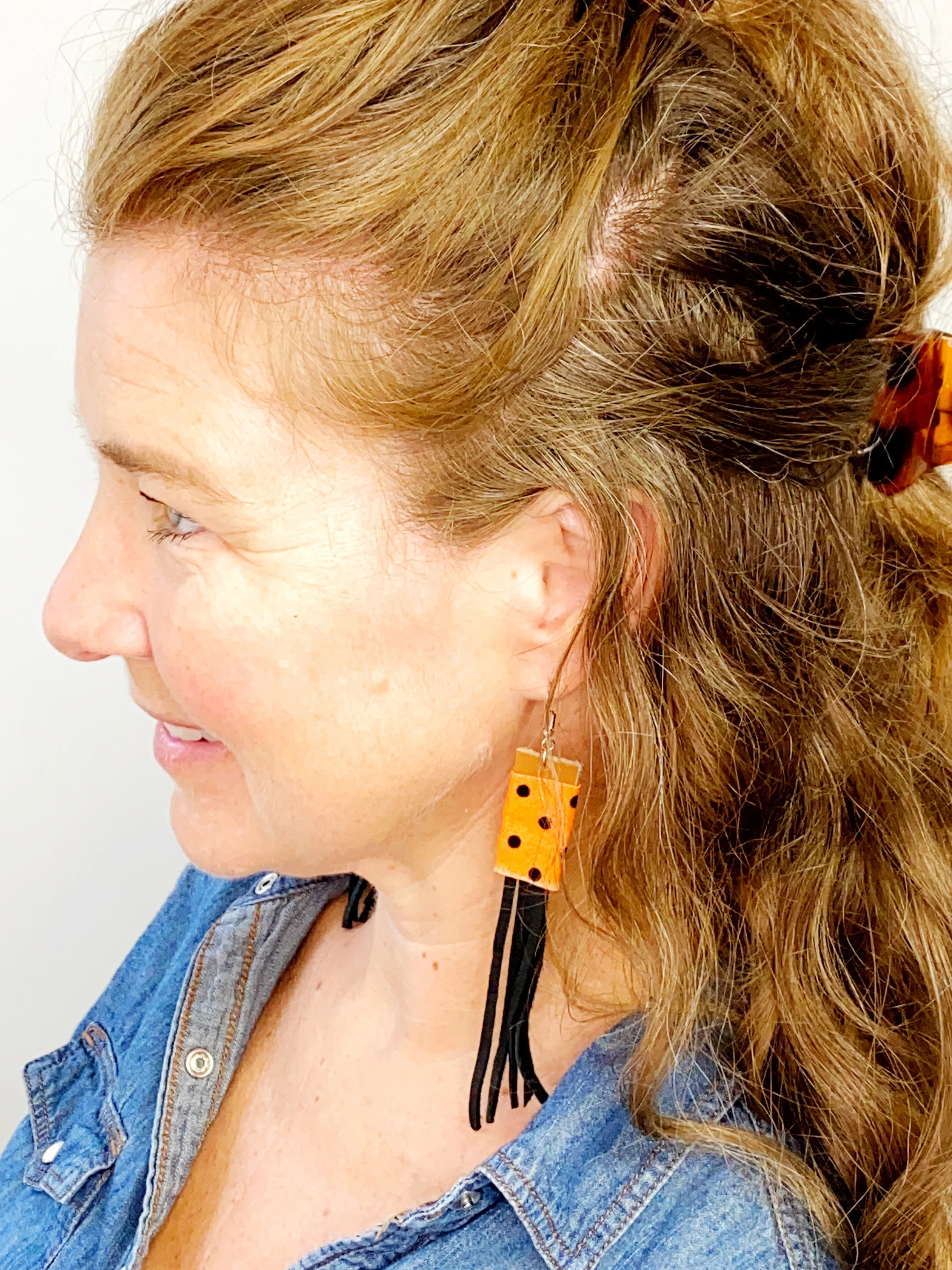 NEW! Black Leather and Upcycled Fabric Handmade Earrings, Burgundy Feather with Leather Fringe