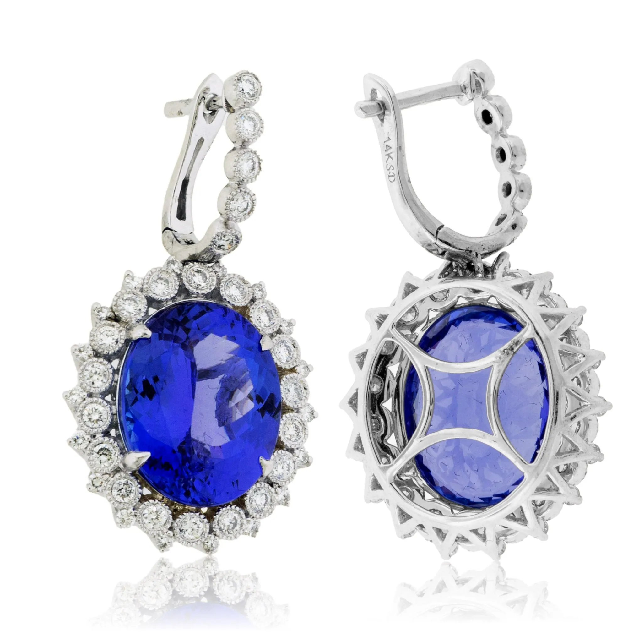 Oval Tanzanite & Stunning Classic Diamond Halo Dangle Earrings