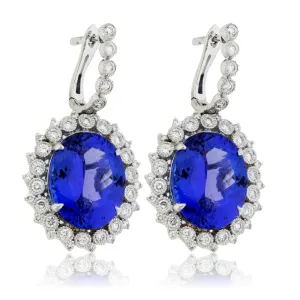 Oval Tanzanite & Stunning Classic Diamond Halo Dangle Earrings