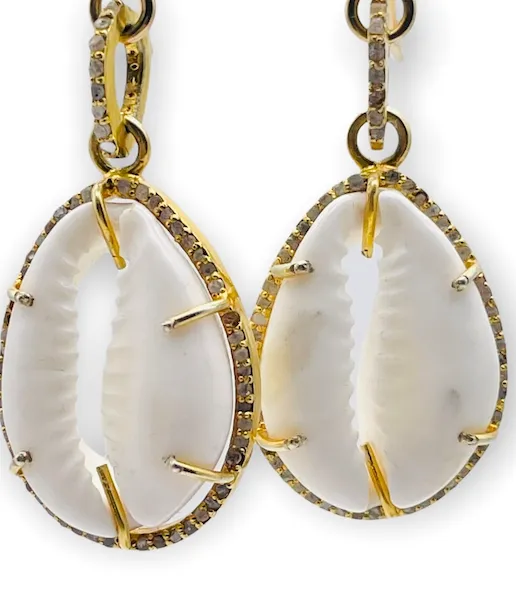 Pave Diamond & Cowrie Shell Earrings