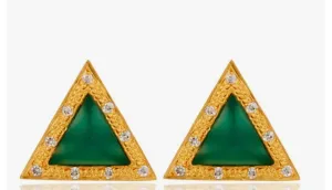 Petite Green Onyx & Zirconia Gemstones Triangle Gold Studs