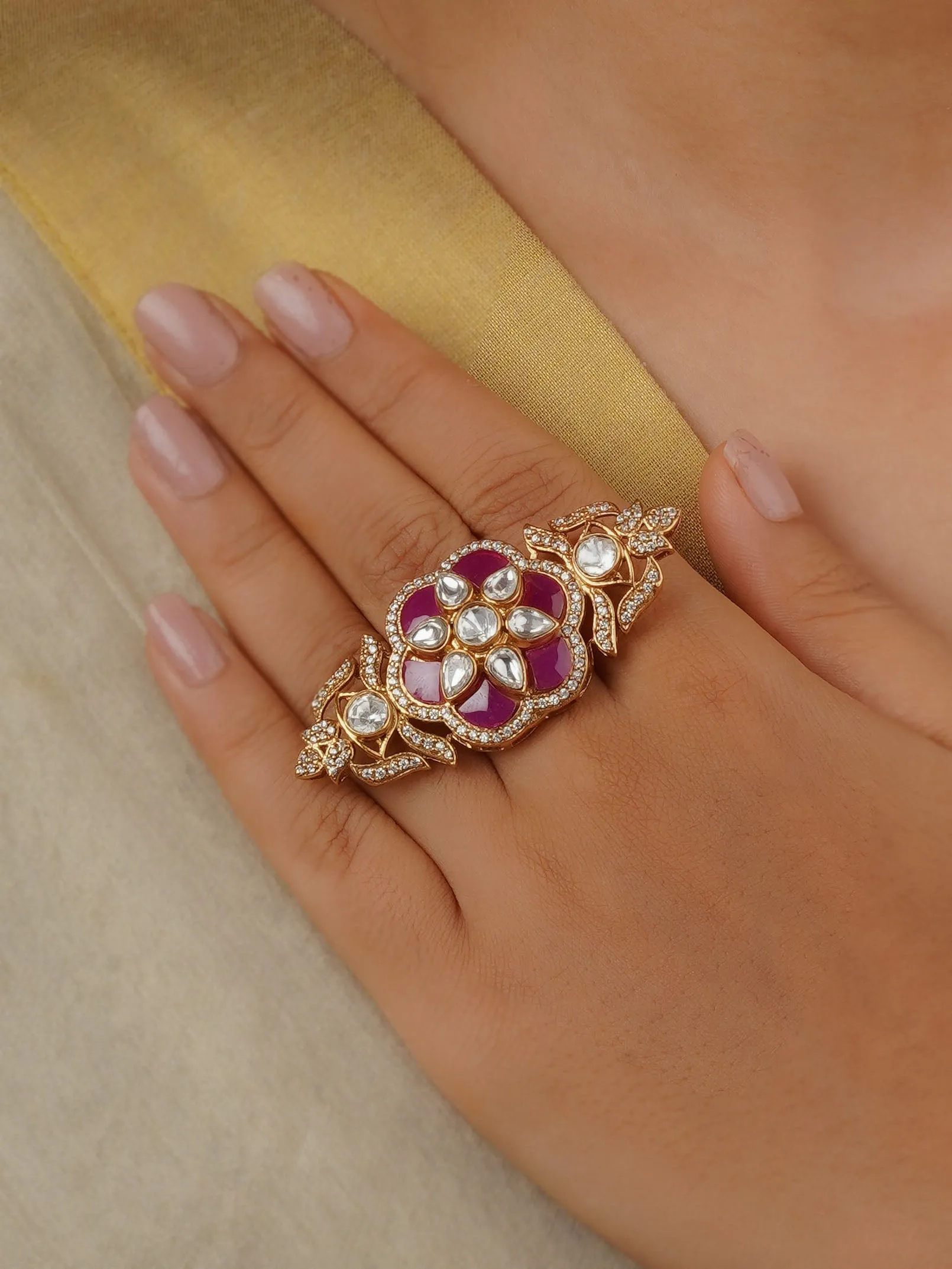 Pink Color Gold Plated Faux Polki Ring - PK-R11P