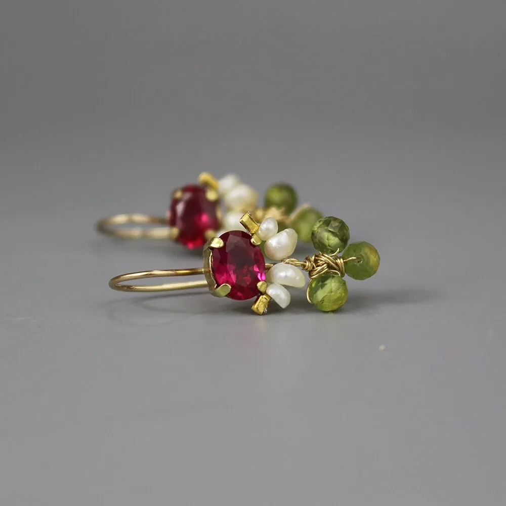 Pink Zircon Corundum Pearl Peridot Clover Earrings