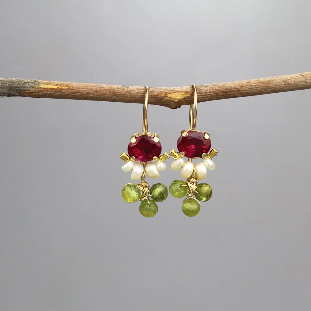 Pink Zircon Corundum Pearl Peridot Clover Earrings