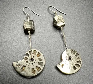 Pyritized Ammonite, Pyrite, and Sterling Silver Earrings