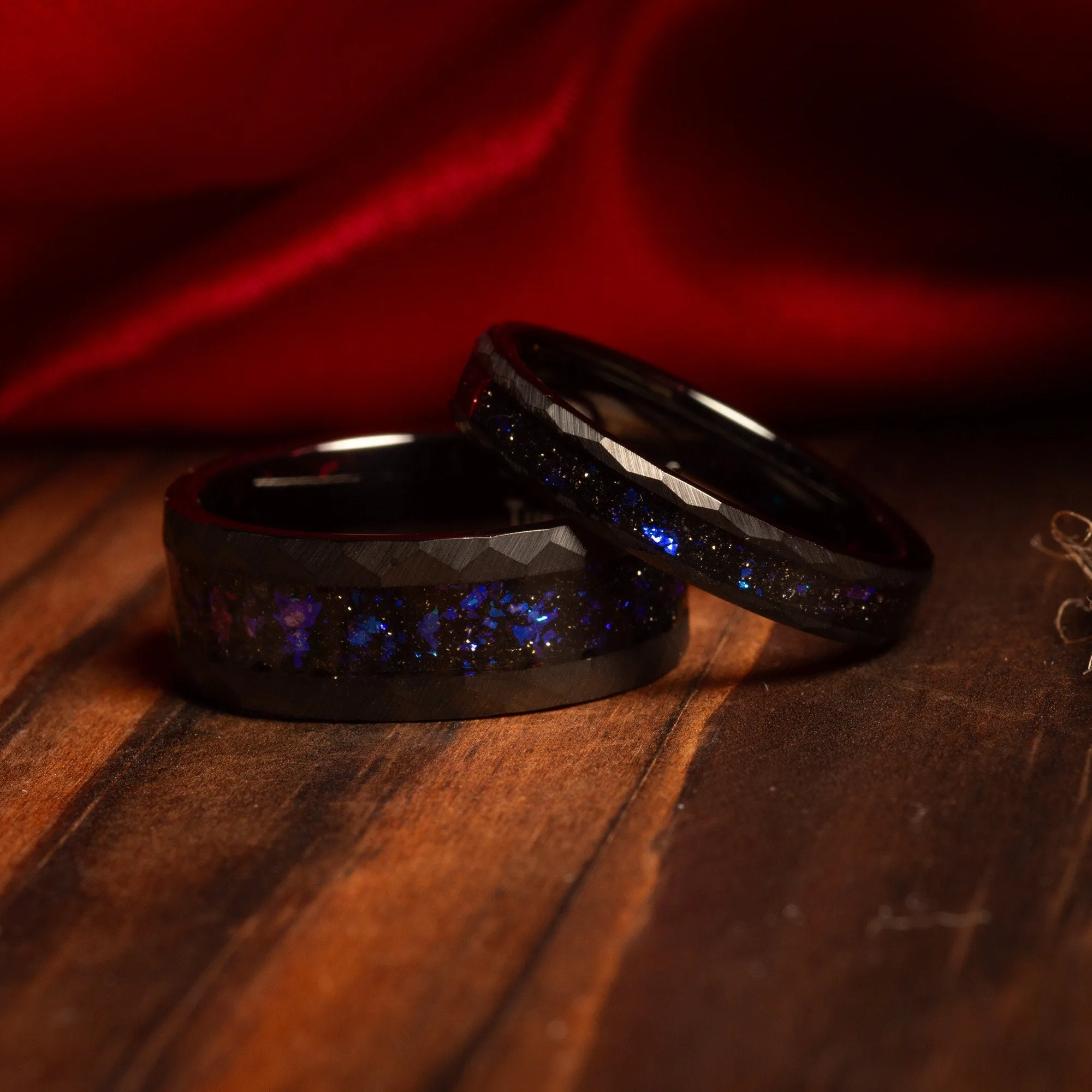 "Orion’s Promise" Ring Set – Galaxy Constellation Couple Rings with Nebula Design, Black Engagement Wedding Bands