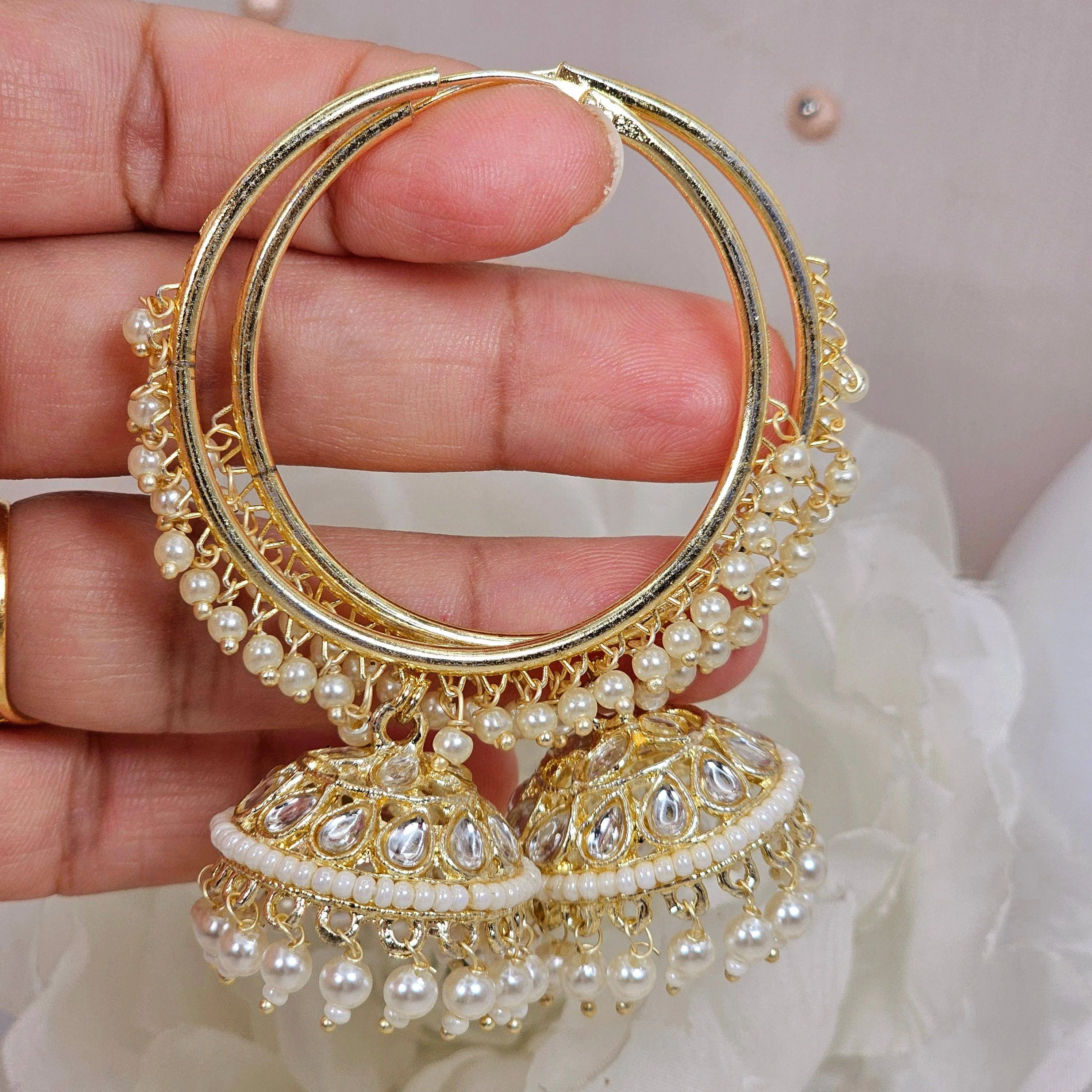 Raya - Stunning White Kundan Gold Plated Hoop Jhumka Earrings