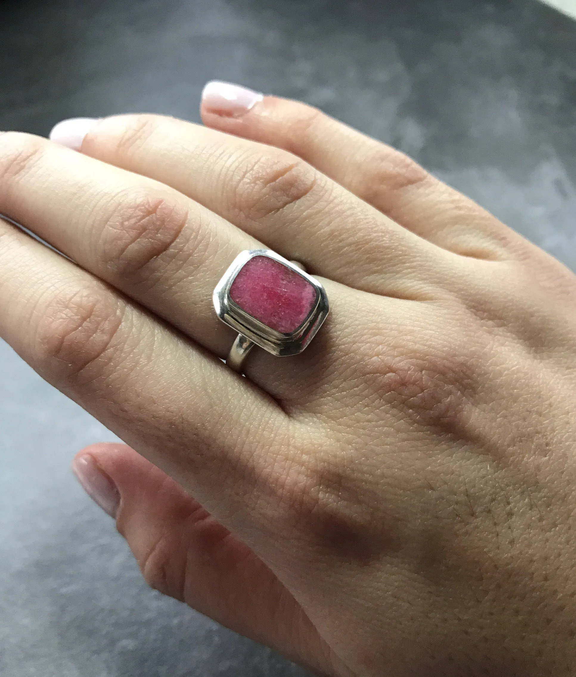 Rhodochrosite Ring - Pink Square Ring - Vintage Square Ring