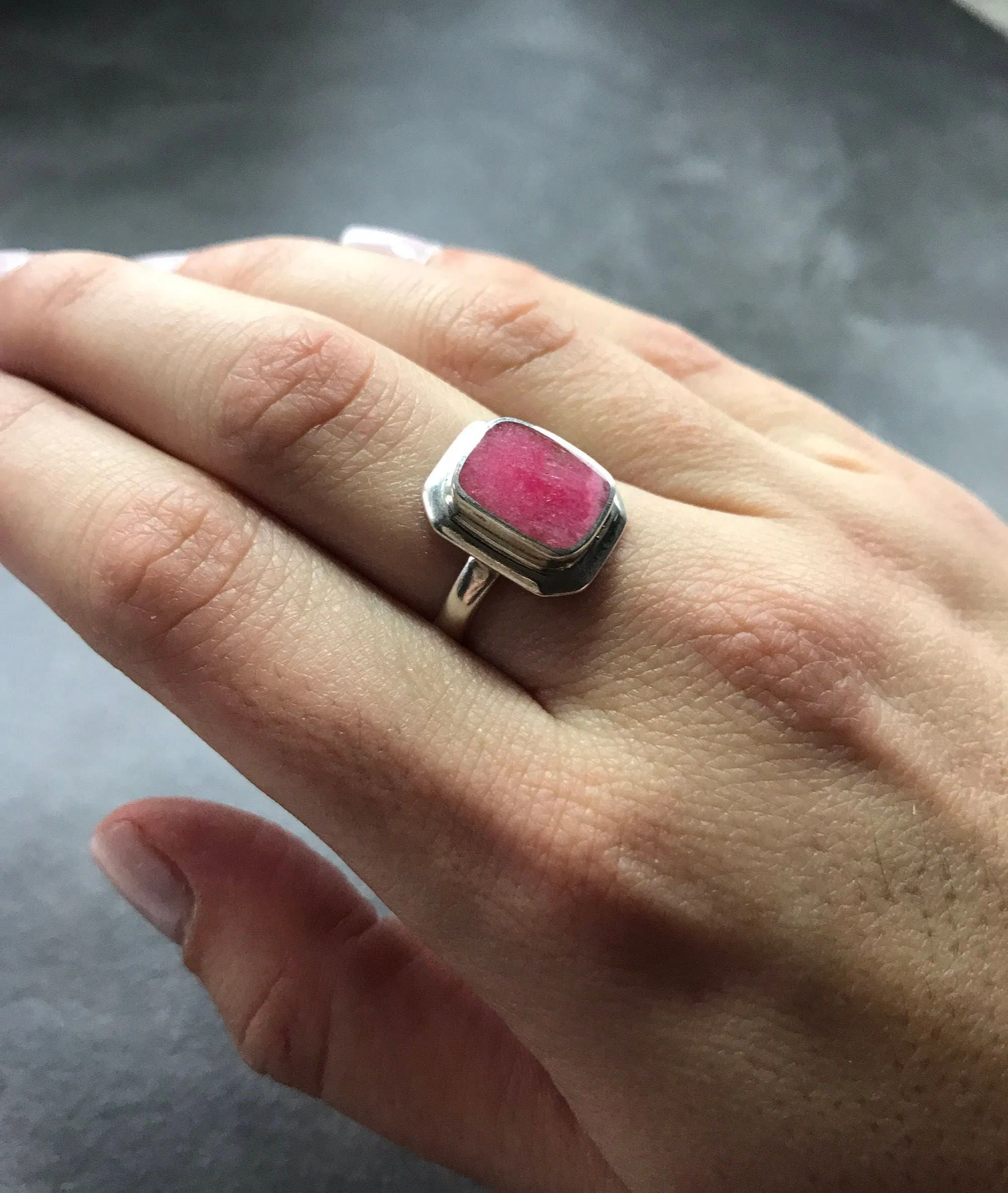 Rhodochrosite Ring - Pink Square Ring - Vintage Square Ring