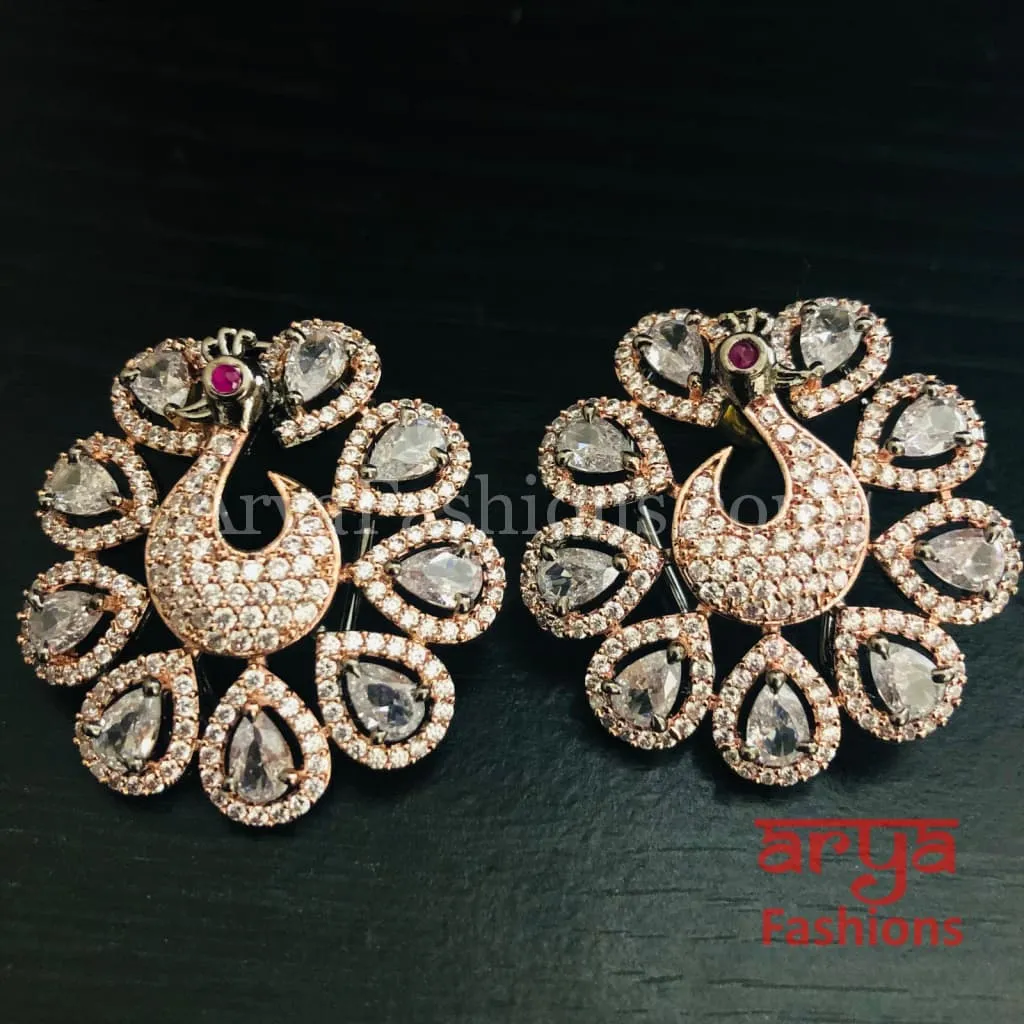 Rose Gold CZ Peacock Designer Studs with Multicolor Kemp Stones