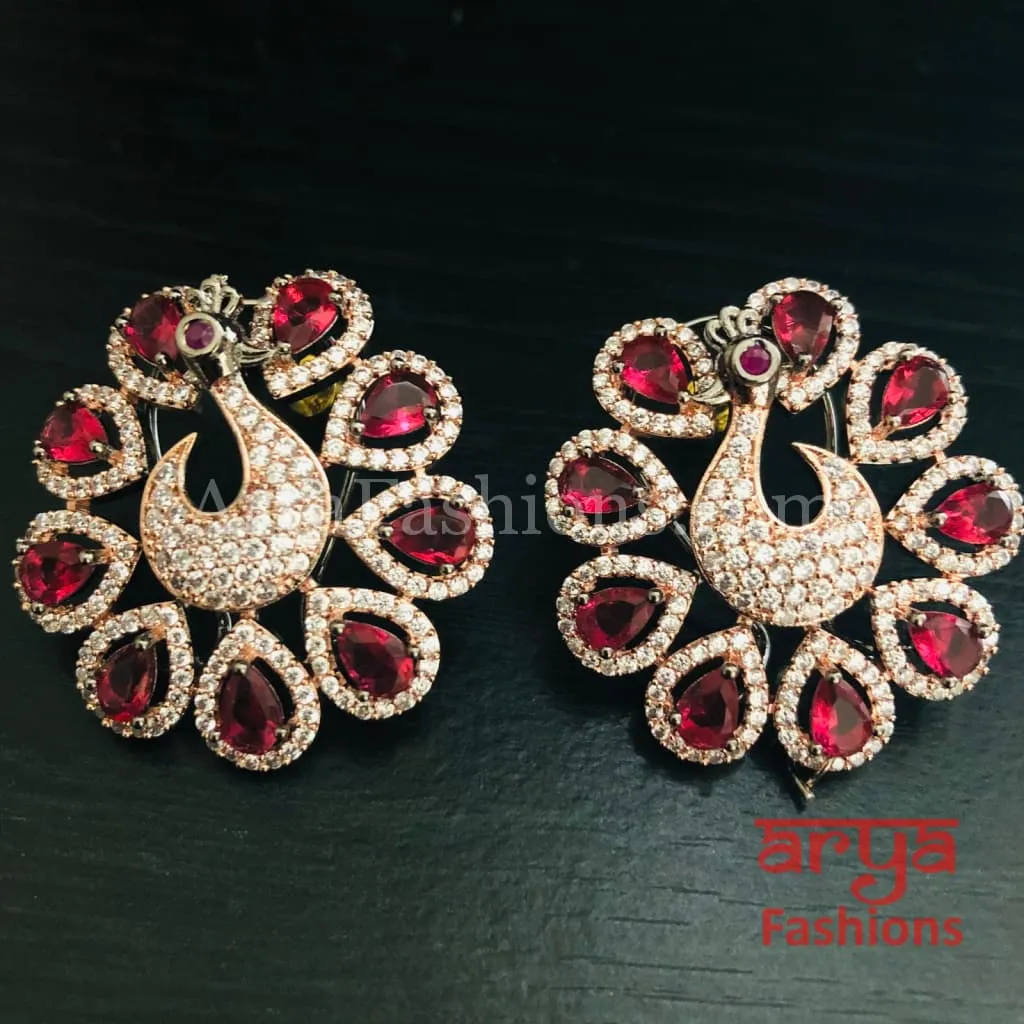 Rose Gold CZ Peacock Designer Studs with Multicolor Kemp Stones