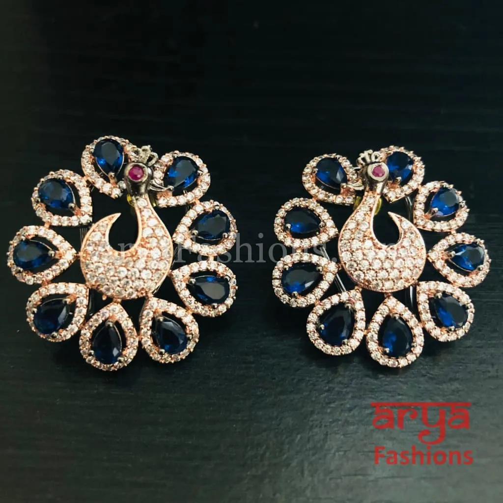 Rose Gold CZ Peacock Designer Studs with Multicolor Kemp Stones