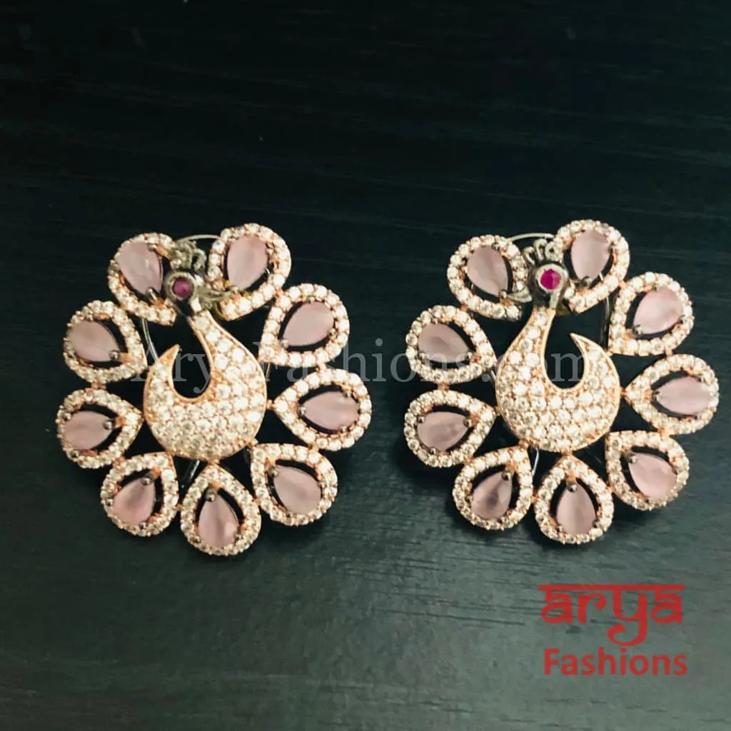 Rose Gold CZ Peacock Designer Studs with Multicolor Kemp Stones