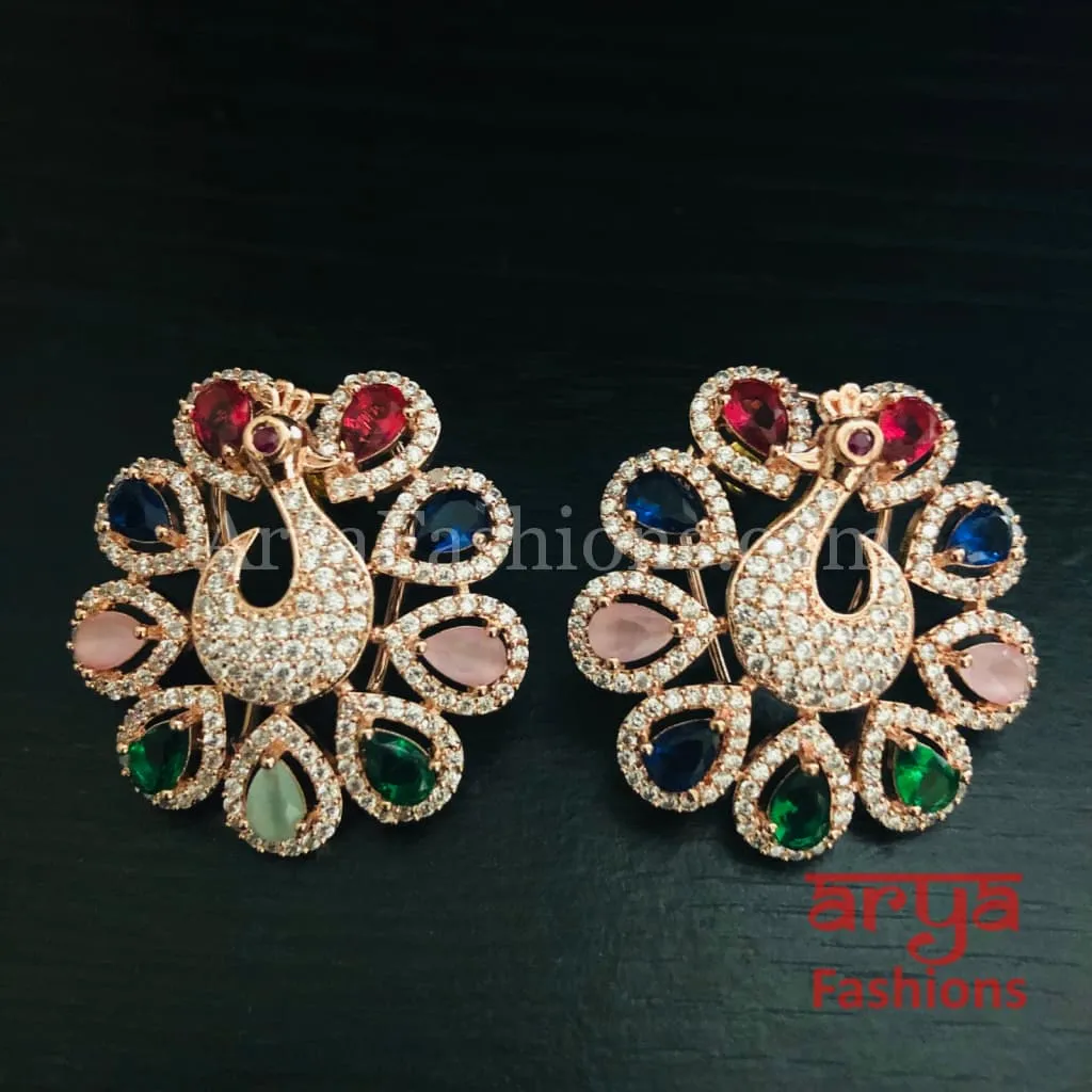 Rose Gold CZ Peacock Designer Studs with Multicolor Kemp Stones