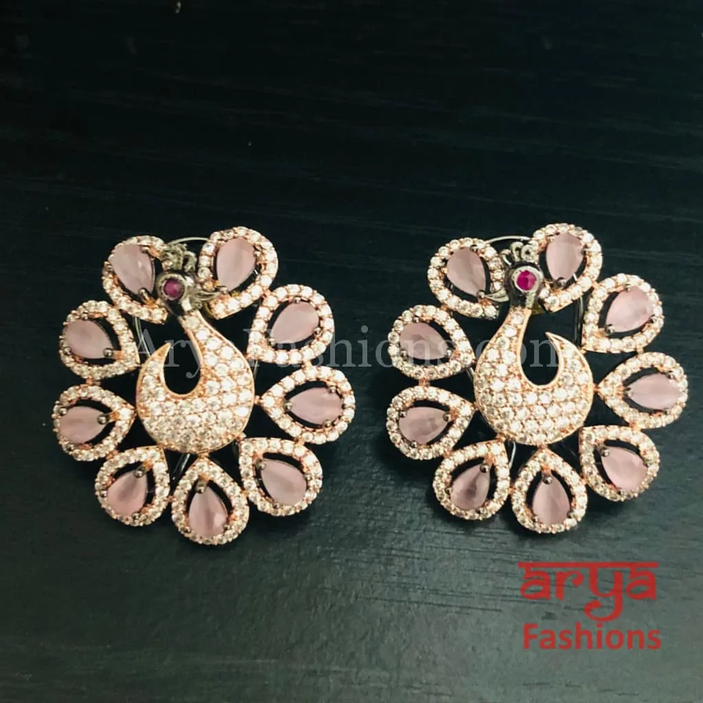 Rose Gold CZ Peacock Designer Studs with Multicolor Kemp Stones