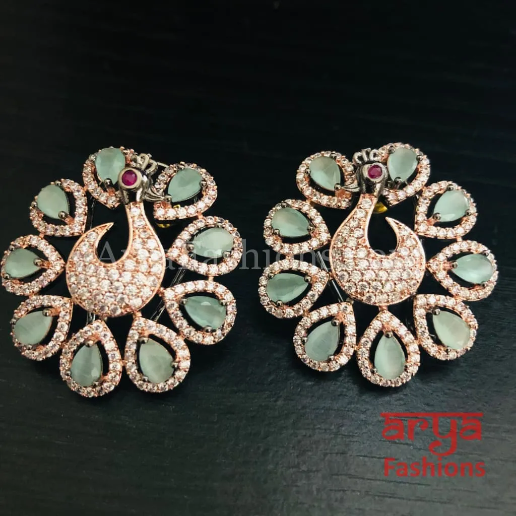 Rose Gold CZ Peacock Designer Studs with Multicolor Kemp Stones