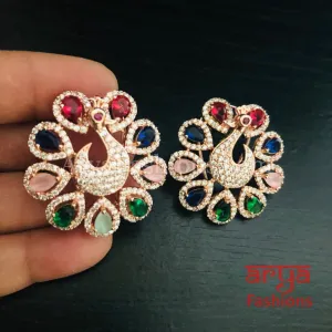 Rose Gold CZ Peacock Designer Studs with Multicolor Kemp Stones