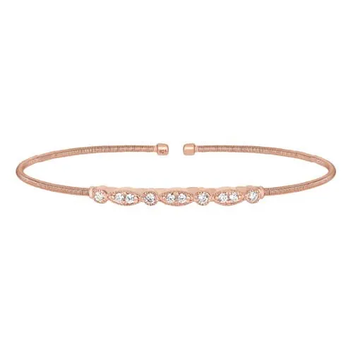 Rose Gold Finish Sterling Silver Cable Cuff Bracelet with Simulated Diamond Marquis & Round Design