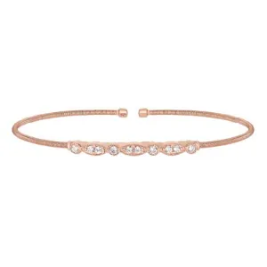 Rose Gold Finish Sterling Silver Cable Cuff Bracelet with Simulated Diamond Marquis & Round Design