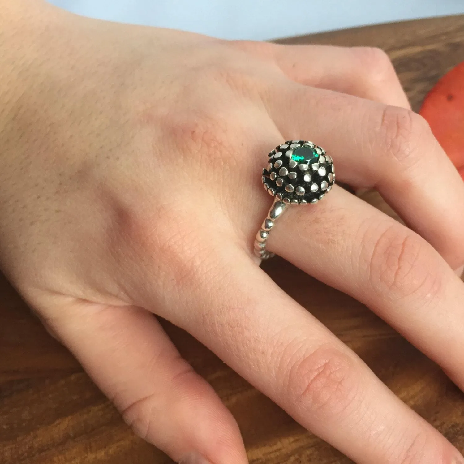 Round Emerald Ring - Sphere Silver Ring - Emerald Flower Ring