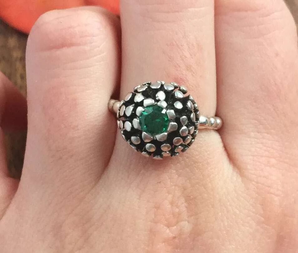 Round Emerald Ring - Sphere Silver Ring - Emerald Flower Ring