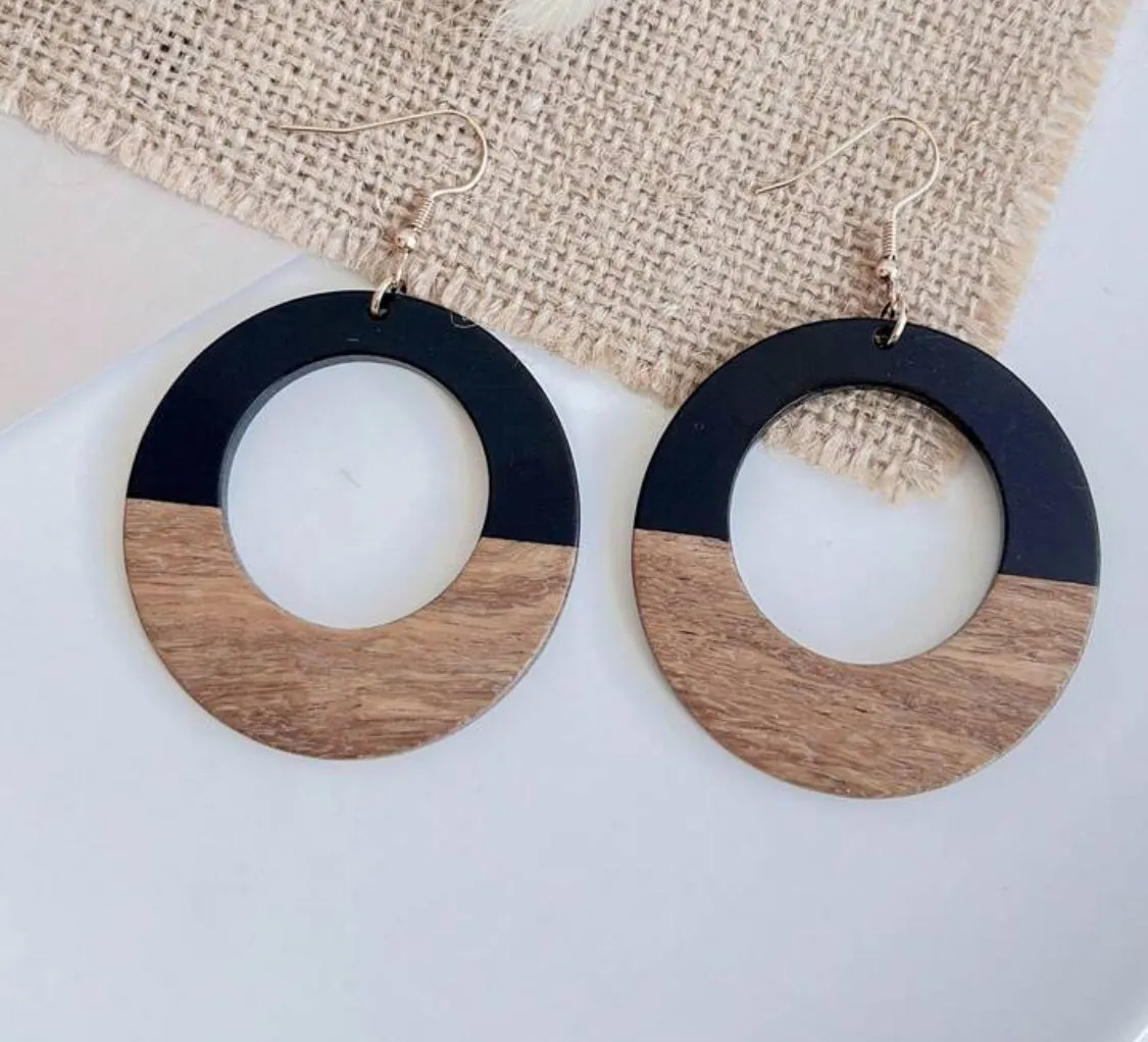 Round Wood and Black Resin Drop Earrings