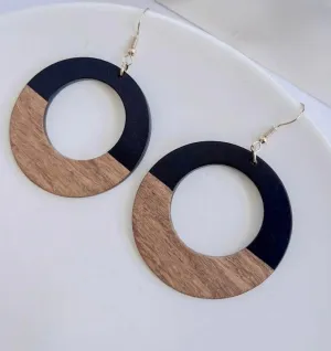 Round Wood and Black Resin Drop Earrings