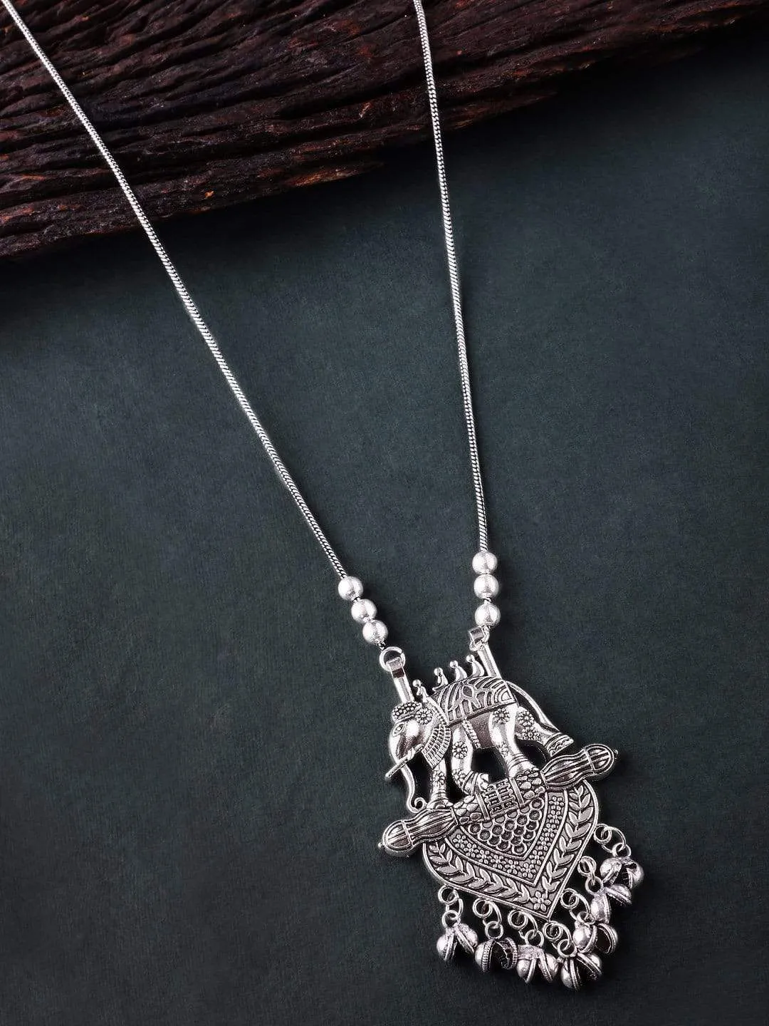 Rubans Silver Oxidised Handcrafted Elephant Pendant Necklace