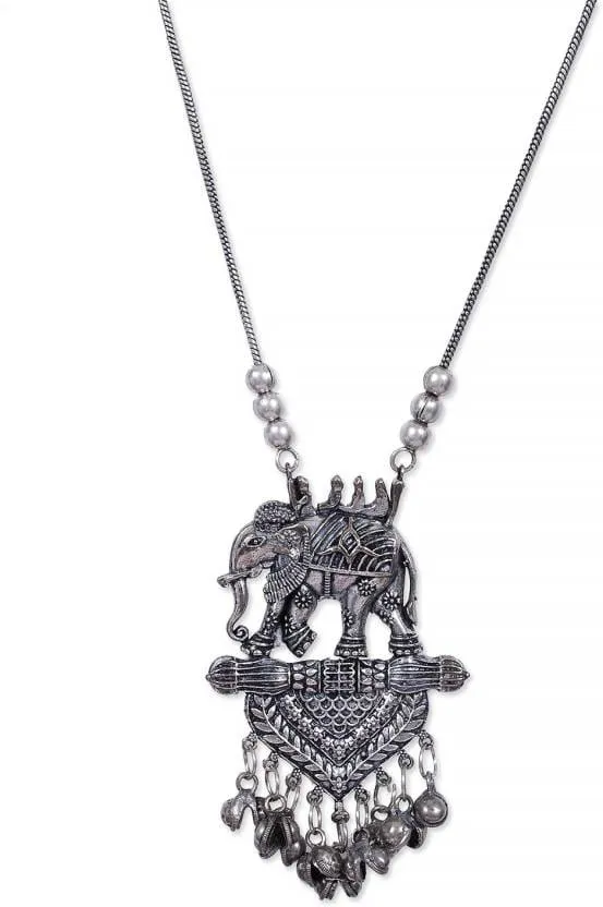 Rubans Silver Oxidised Handcrafted Elephant Pendant Necklace