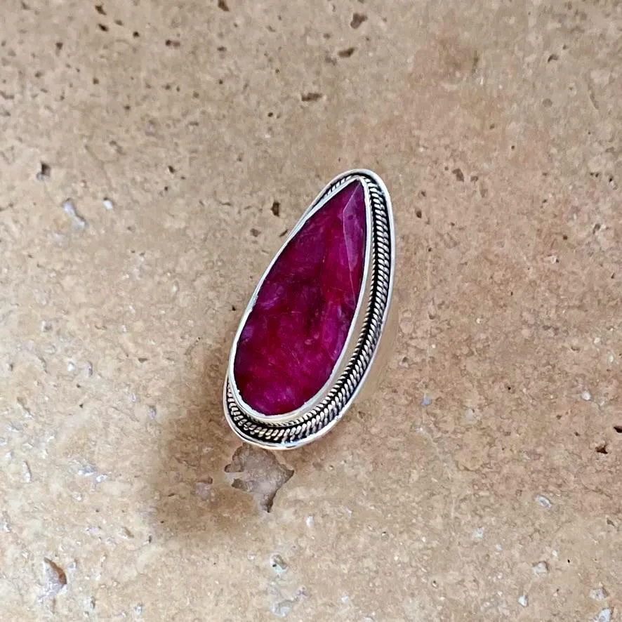 Ruby Quartz Ring with a slender teardrop gemstone- Jyoti