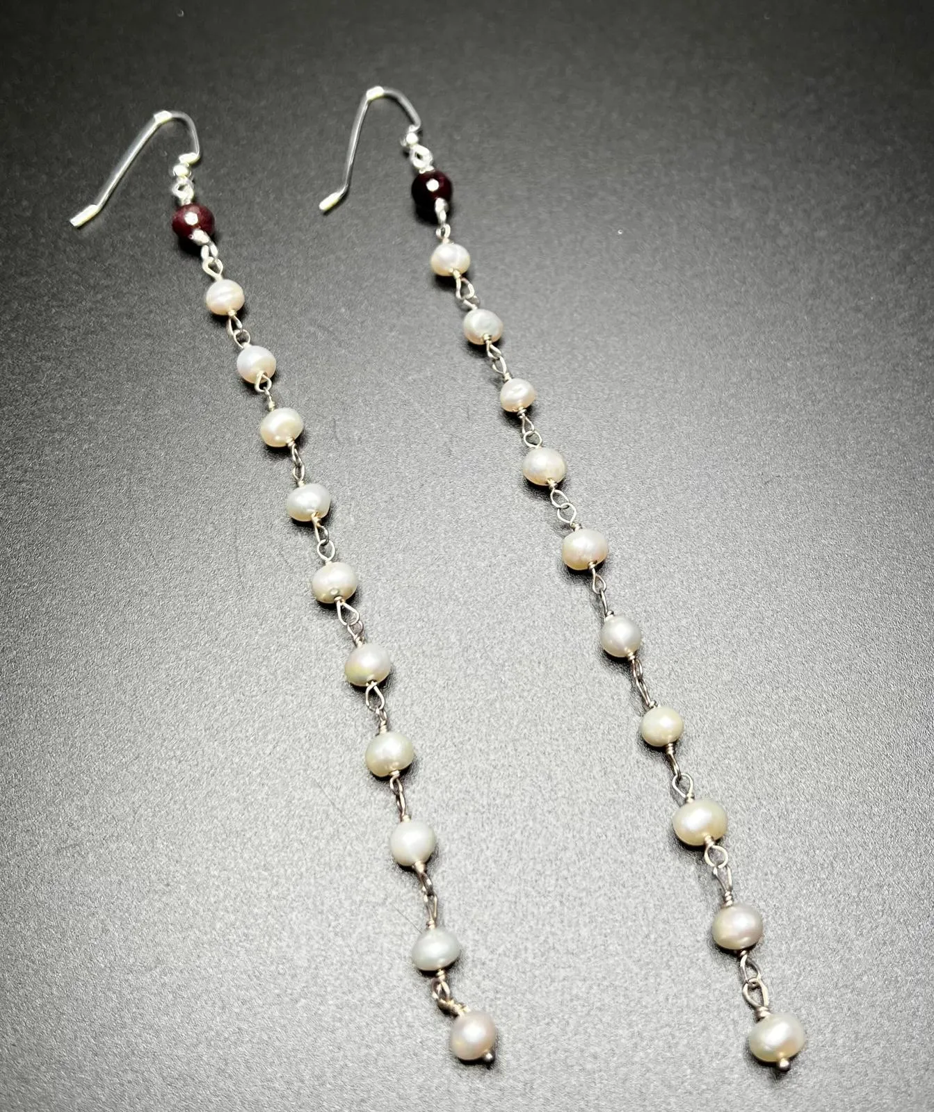 Ruby, White Pearl, and Sterling Silver Long Drop Earrings