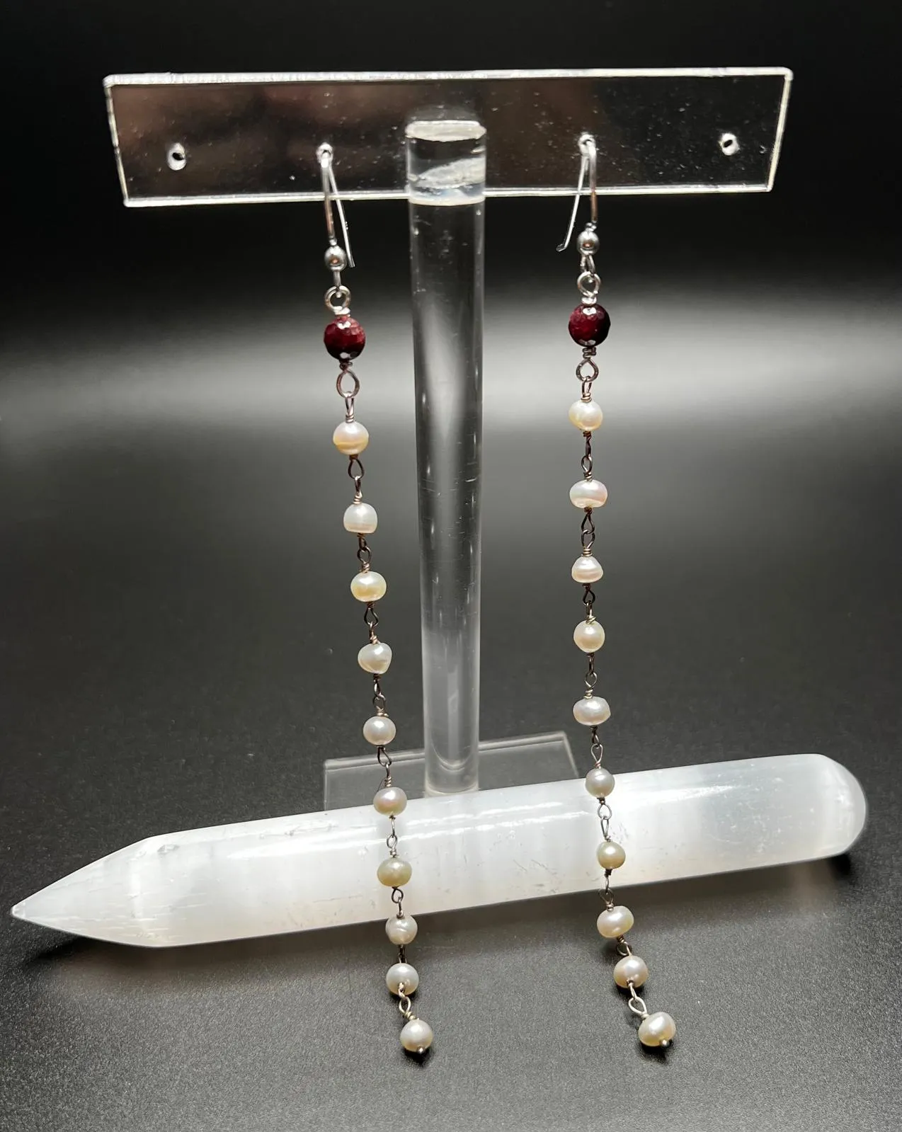 Ruby, White Pearl, and Sterling Silver Long Drop Earrings