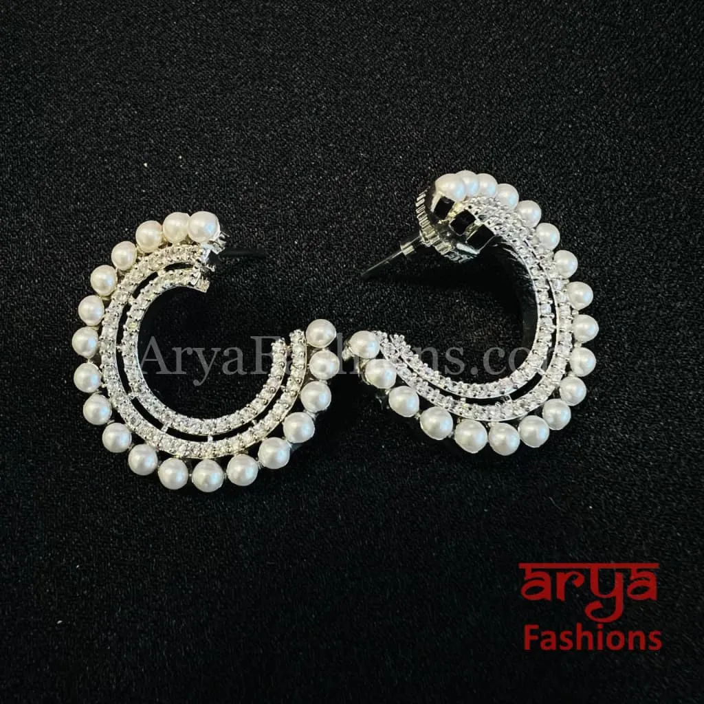 Saloni Silver Half Moon CZ Pearl Studs