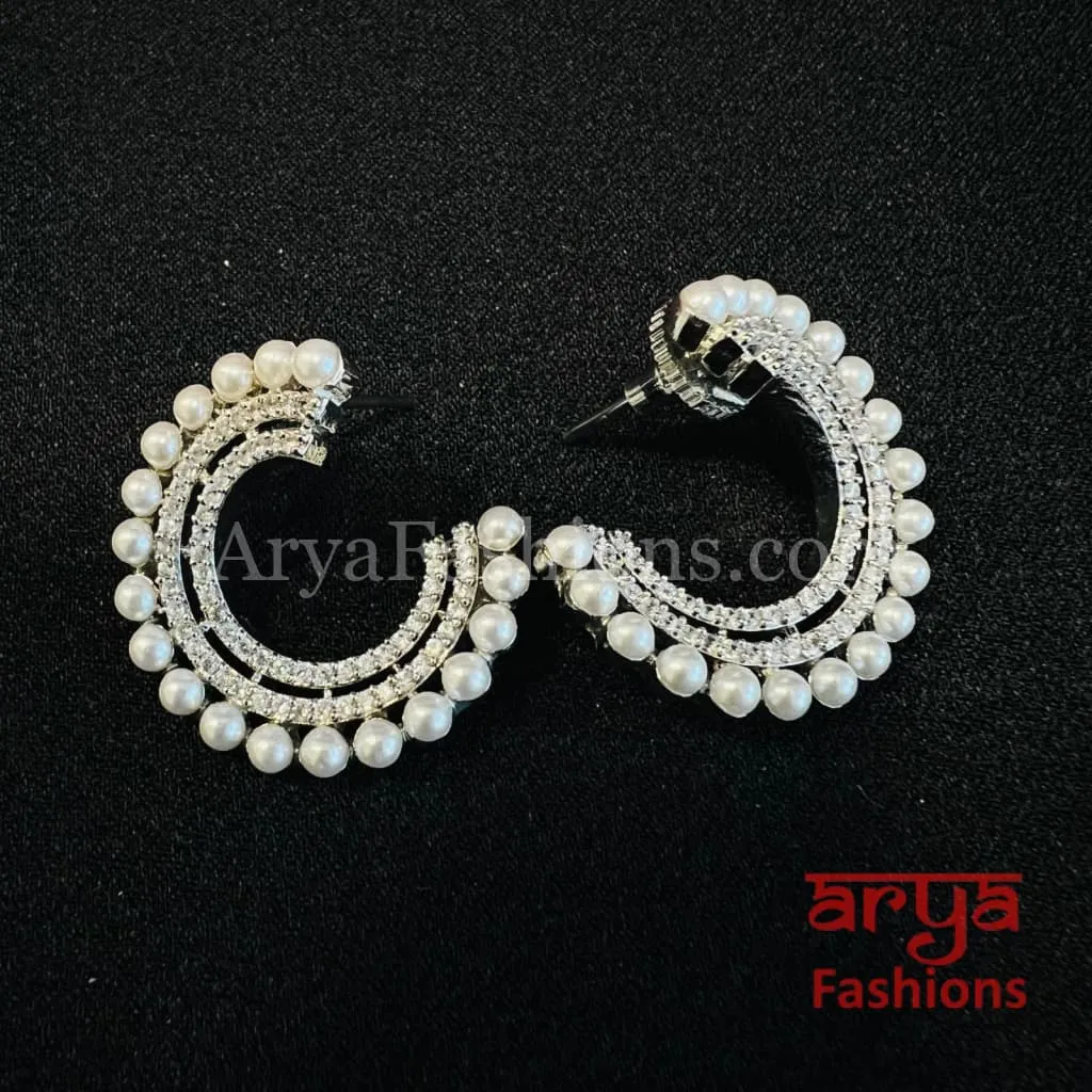 Saloni Silver Half Moon CZ Pearl Studs