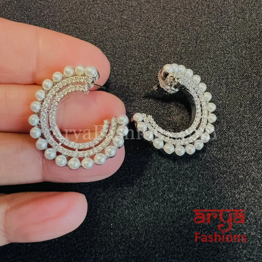 Saloni Silver Half Moon CZ Pearl Studs