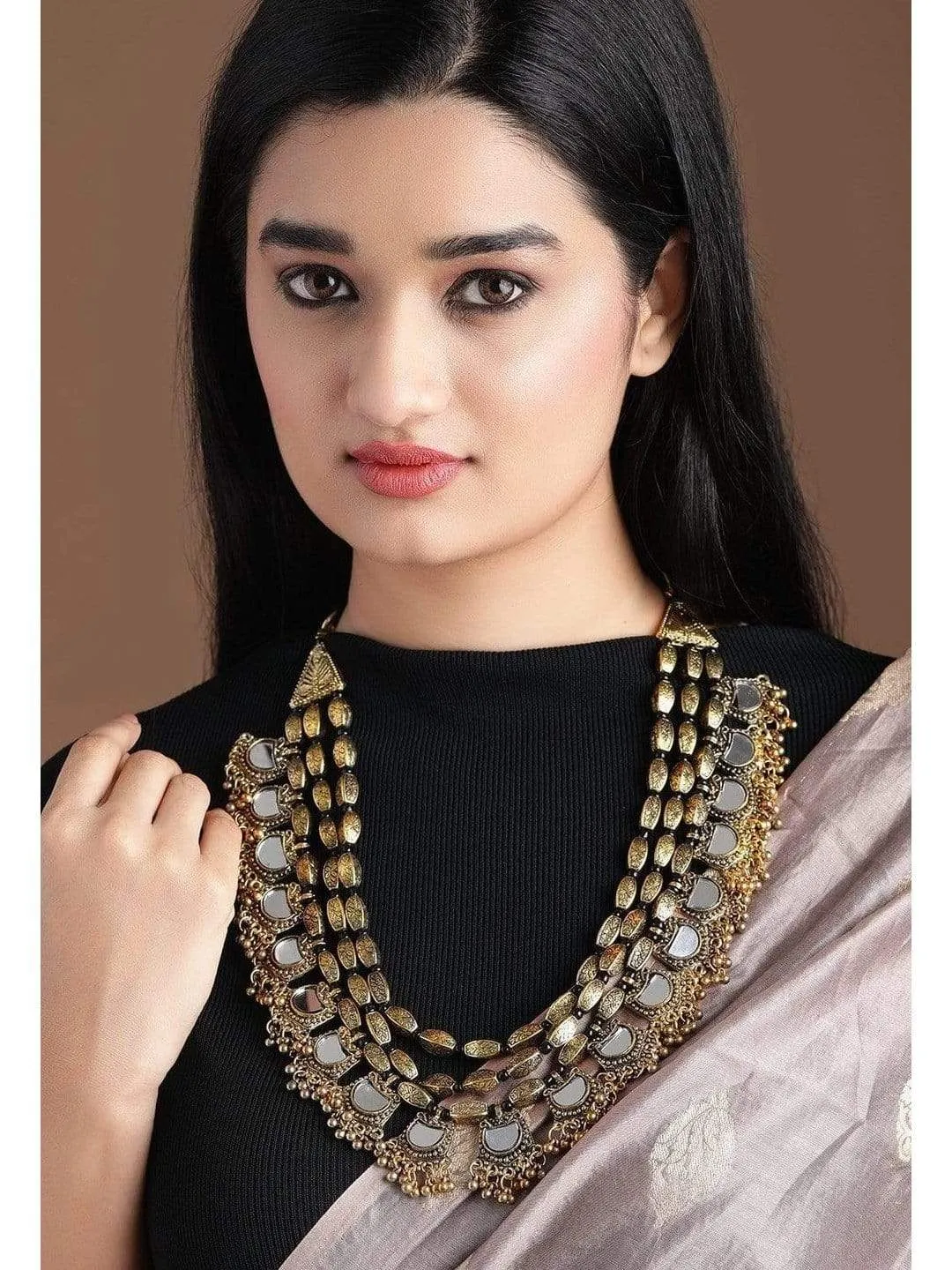 Siddhi Joshi in Rubans Gold Toned Embellished With Mirror Multi layer Statement Necklace