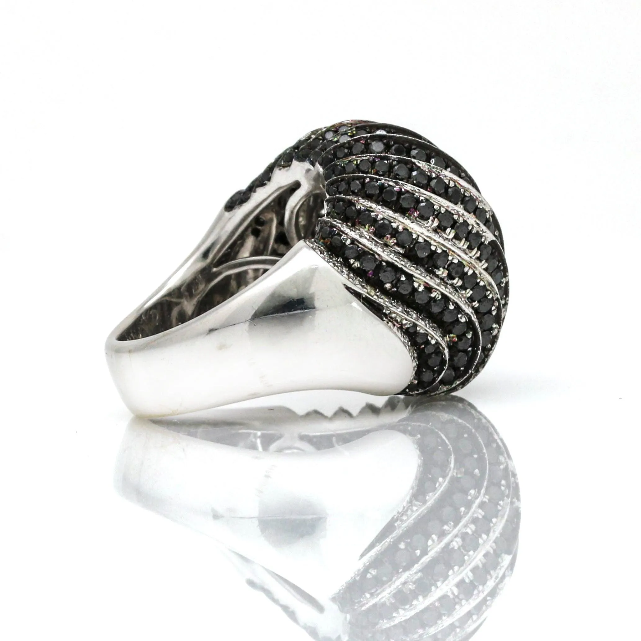 Signed Black and White Diamond Waves Dome Statement Ring in 18k White Gold