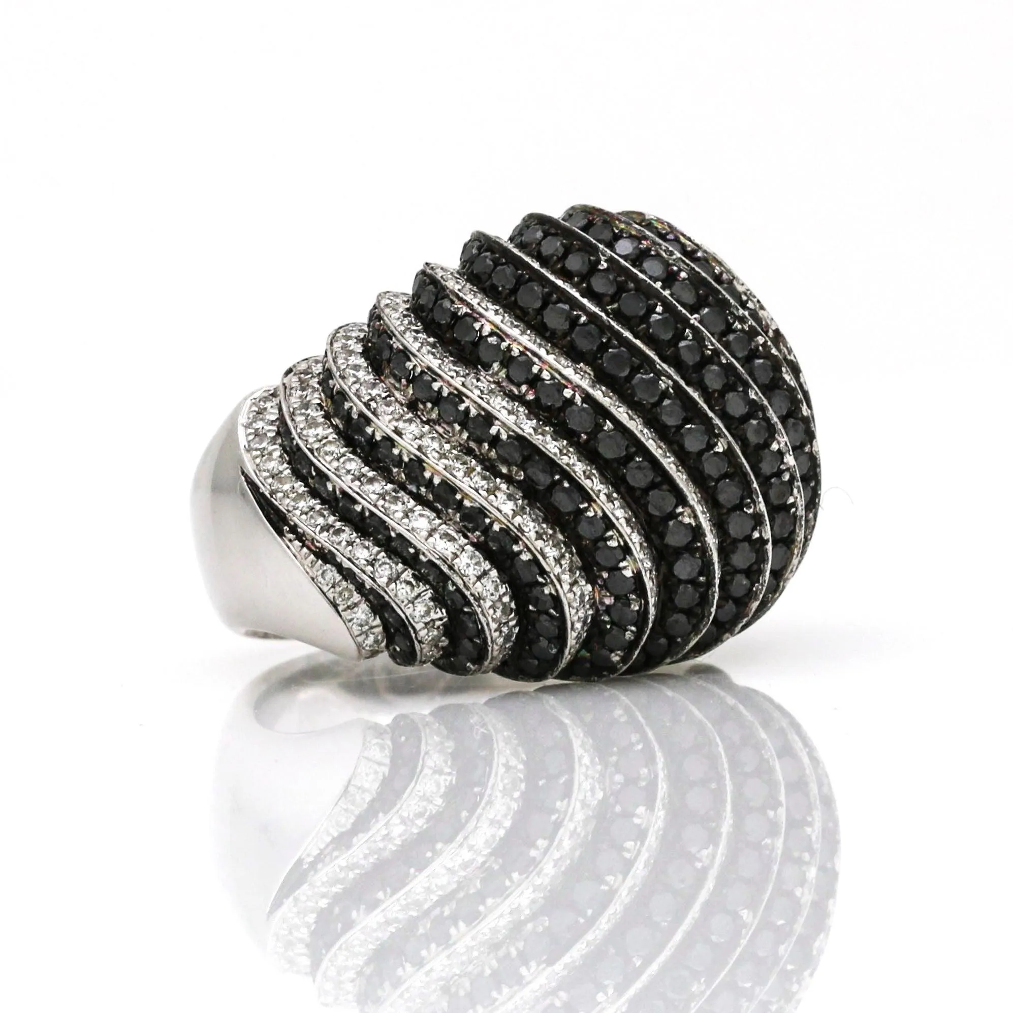 Signed Black and White Diamond Waves Dome Statement Ring in 18k White Gold