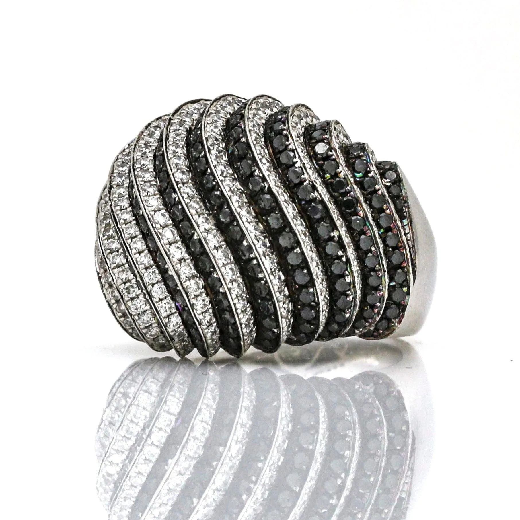 Signed Black and White Diamond Waves Dome Statement Ring in 18k White Gold