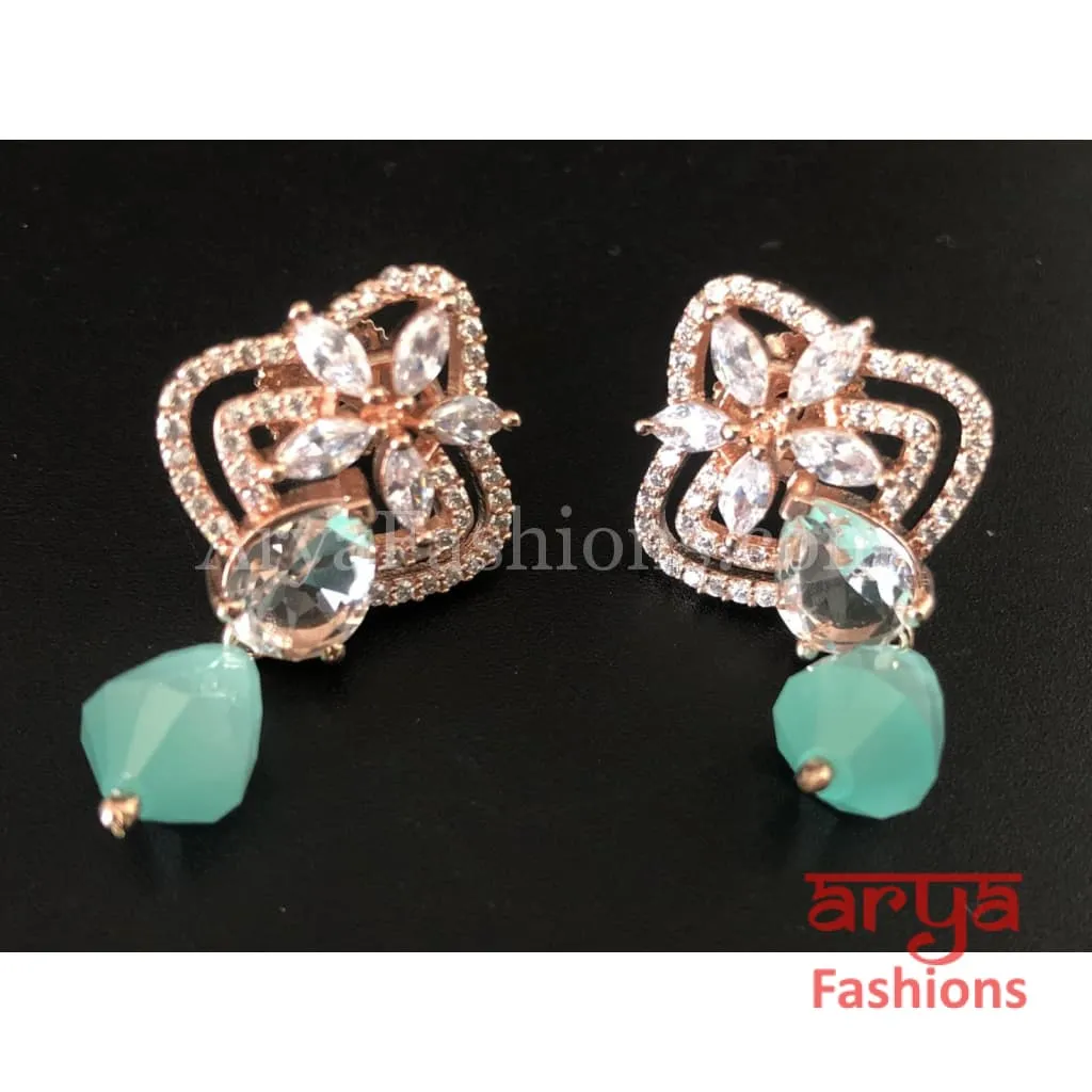 Silver Cubic Zirconia studs with Green and white Beads