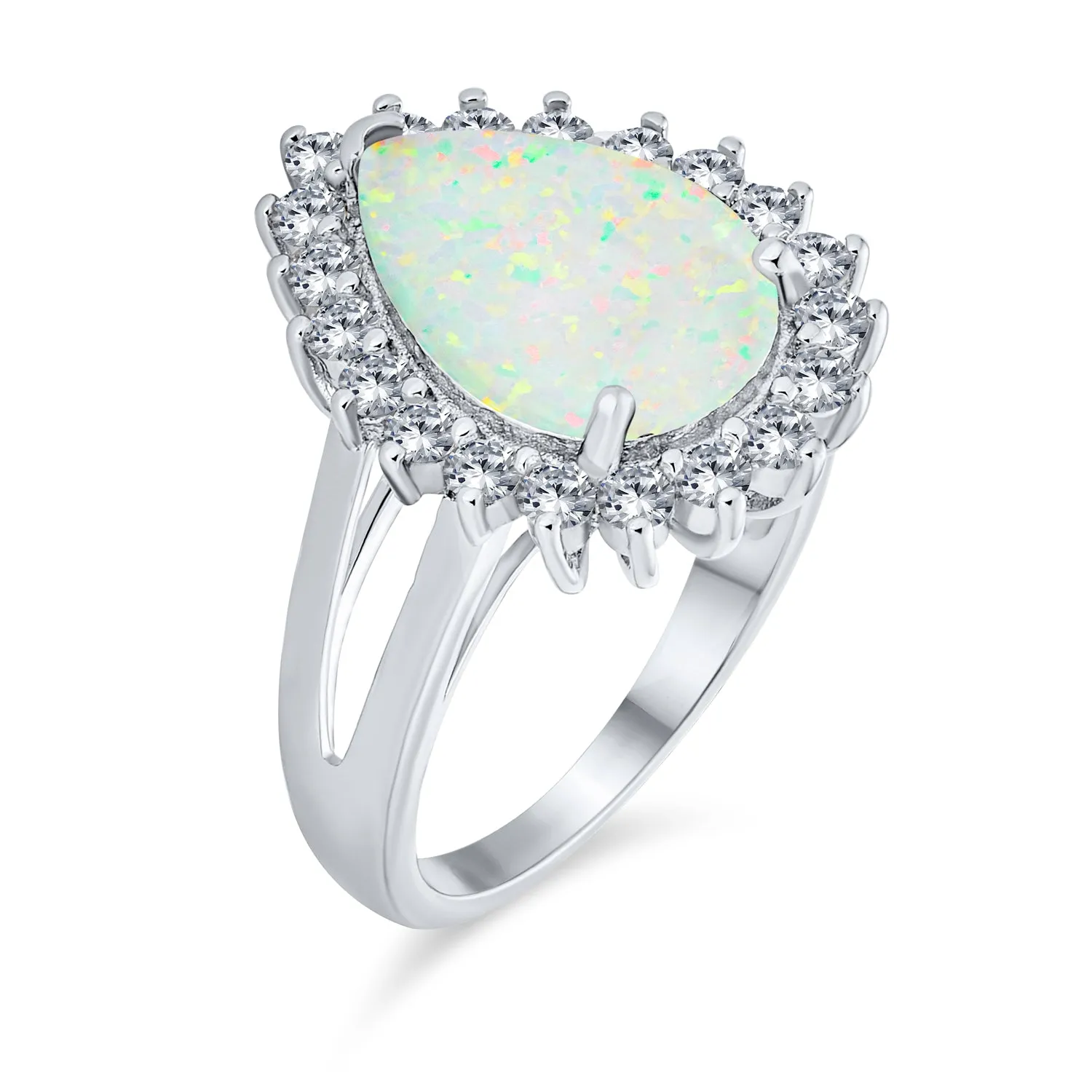 Silver Ring with Halo Oval Pear Shape 10CT White Opal Sterling Silver October Birthstone