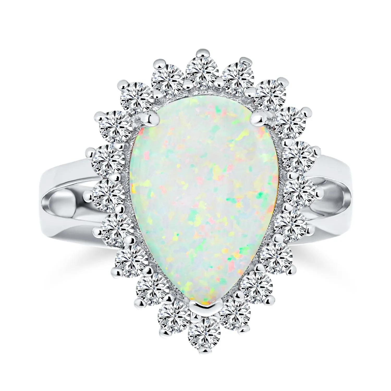 Silver Ring with Halo Oval Pear Shape 10CT White Opal Sterling Silver October Birthstone