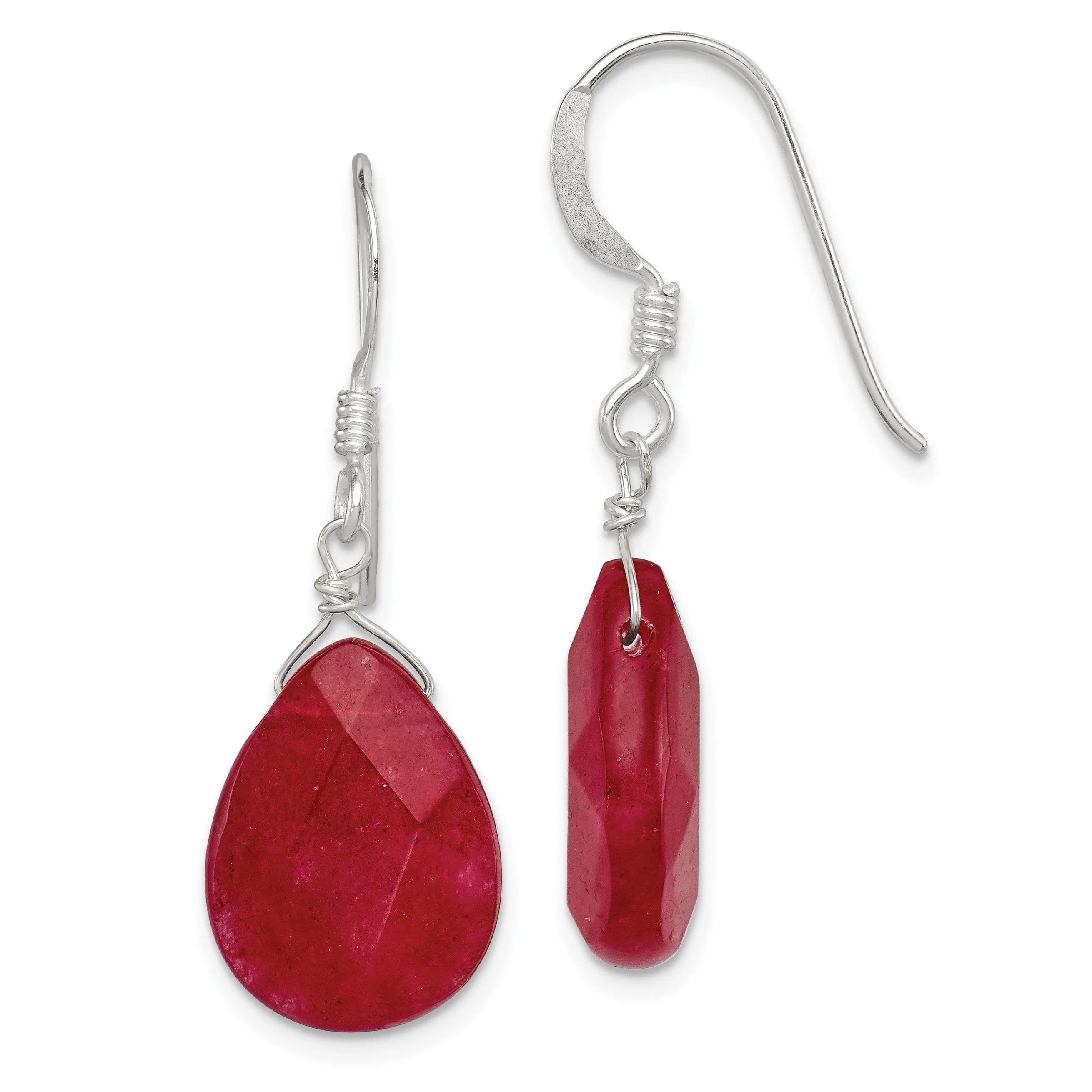 Silver Shepherds Hook Red Jade Dangle Earrings