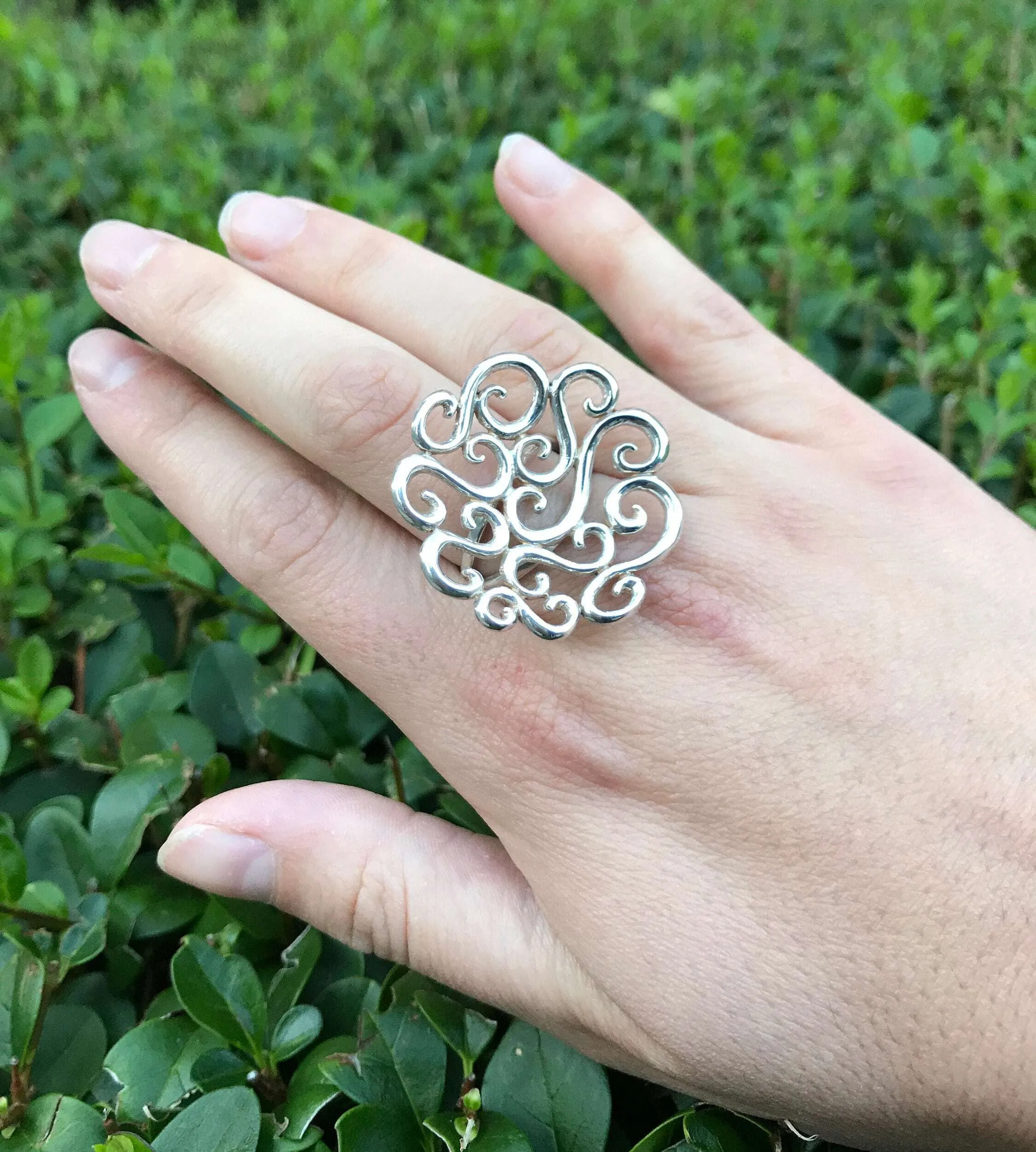 Silver Swirl Ring - Large Flower Ring - Large Swirl Ring